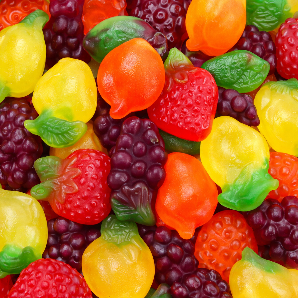 Assorted colorful gummy candies shaped like fruits and berries.