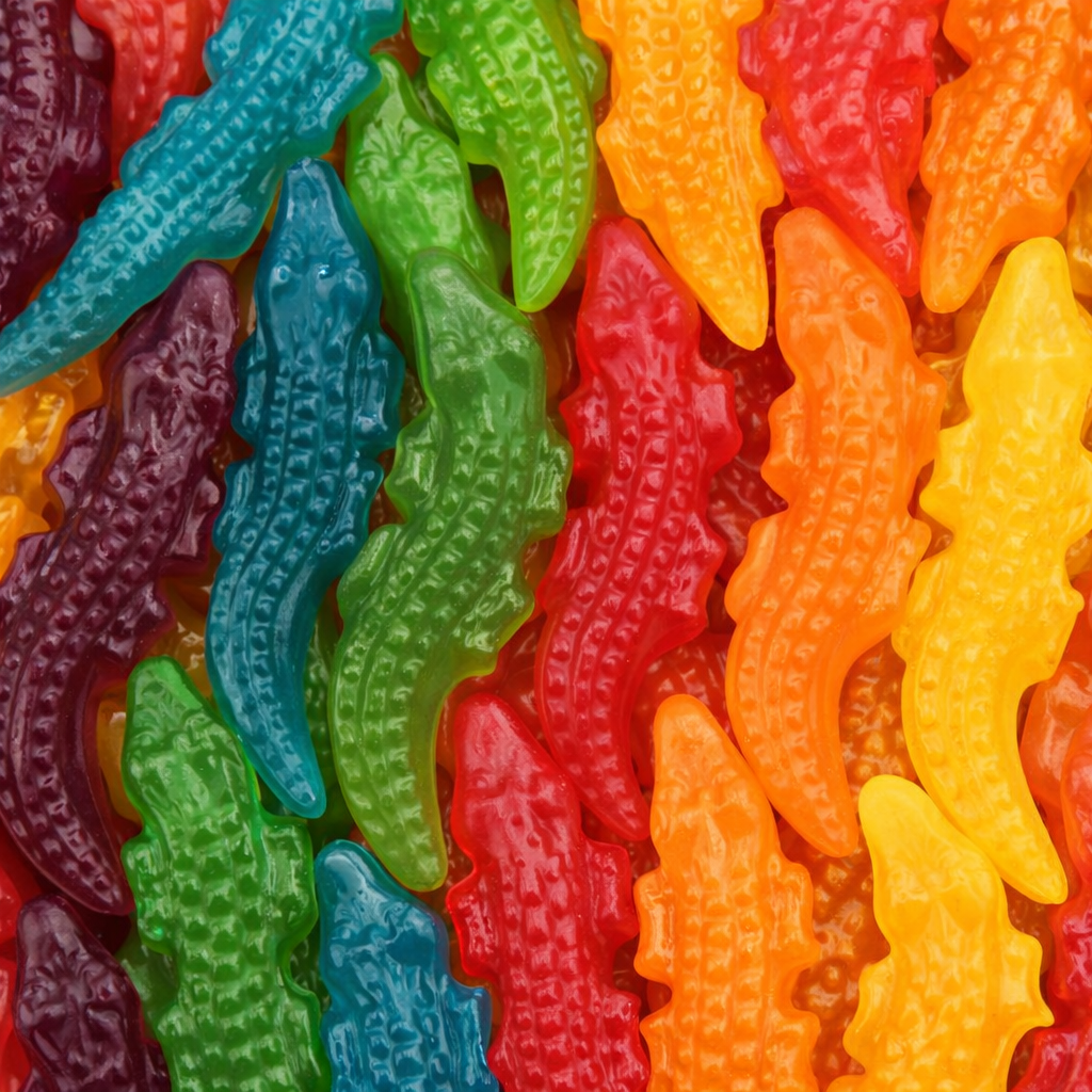 Assorted colorful gummy worms on a multicolored background