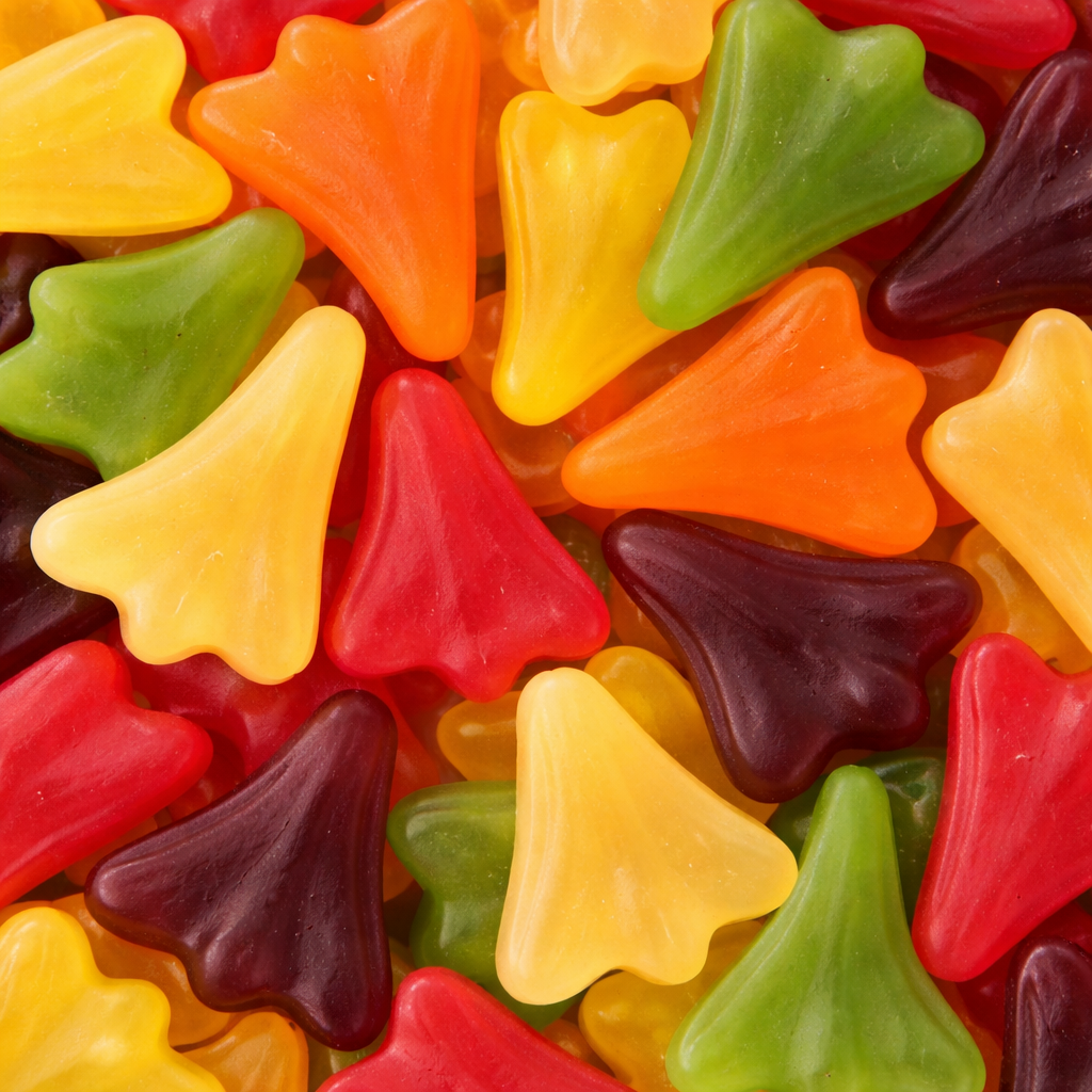 Colorful jet planes gummy candies in red, yellow, green, and orange.