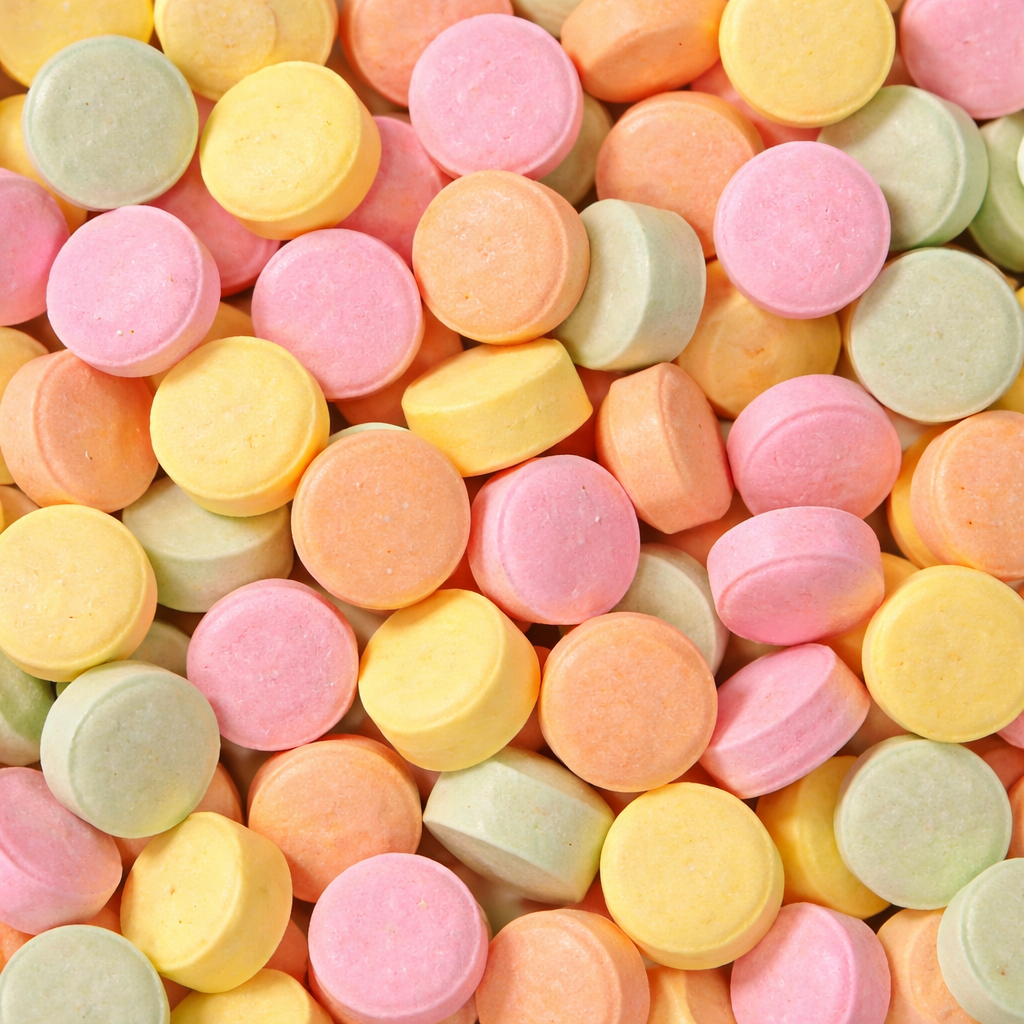 Close-up of colorful round candies in various pastel shades.