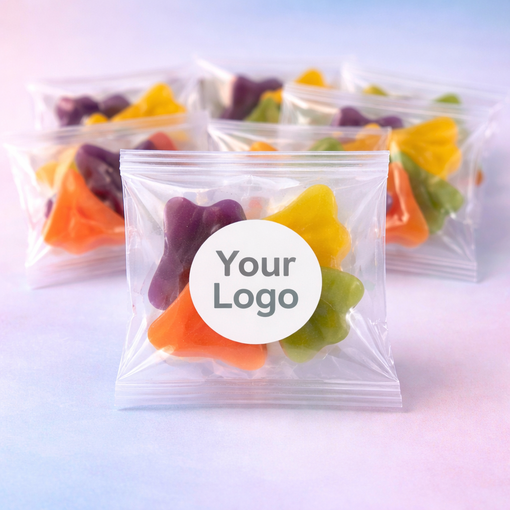Clear plastic bags with colorful gummy bears and a 'Your Logo' placeholder on a white background.