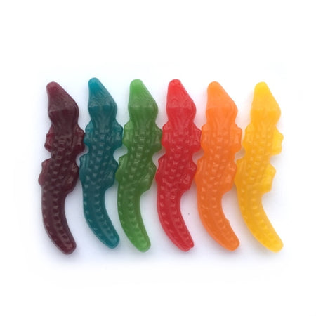 Different Coloured Crocodile Gummies in a row