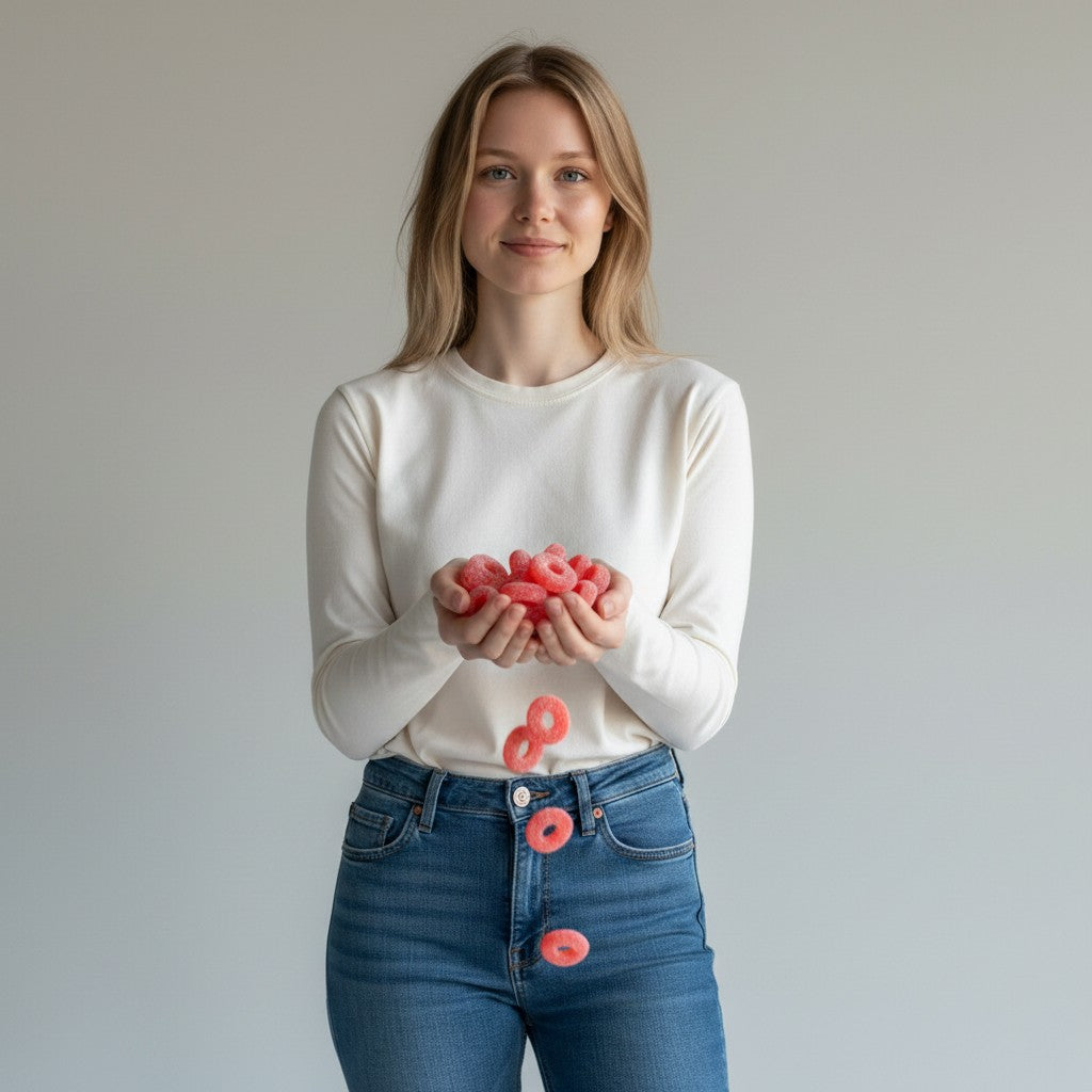 A woman holding a handful of red watermelon-flavoured sour melon rings from Crazy Candies - Discover More. Spend Less.