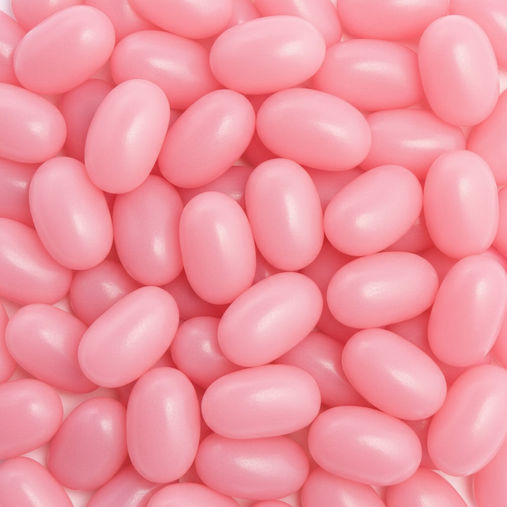 Baby pink jelly beans on a white background