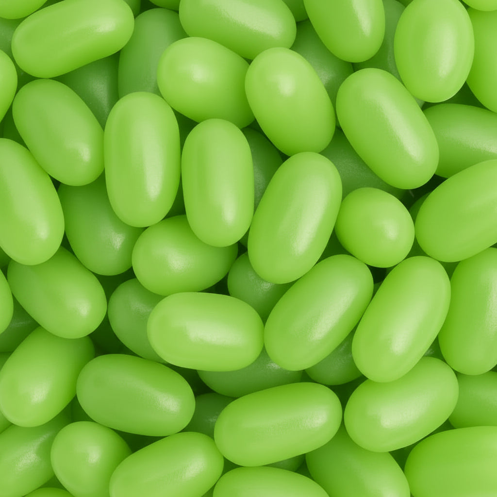green jelly beans on a white background