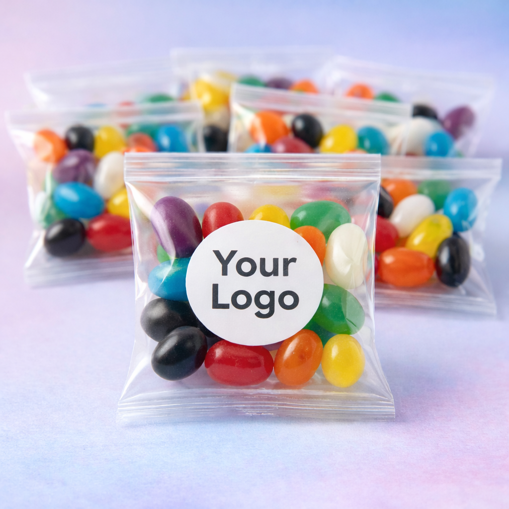 Clear plastic bags filled with colorful jelly beans and a label for branding on a gradient background.