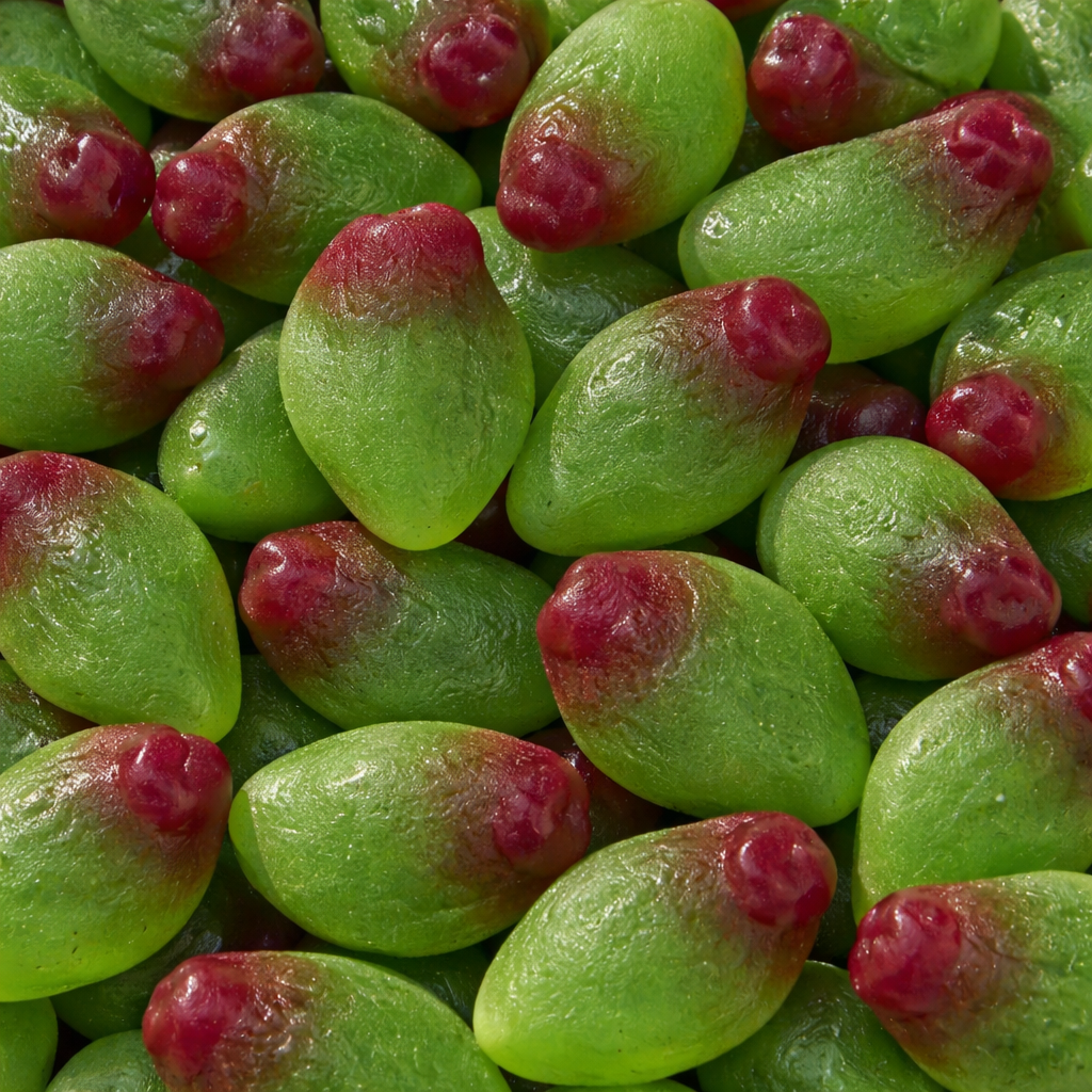 Close-up of green and red fruits with a textured surface