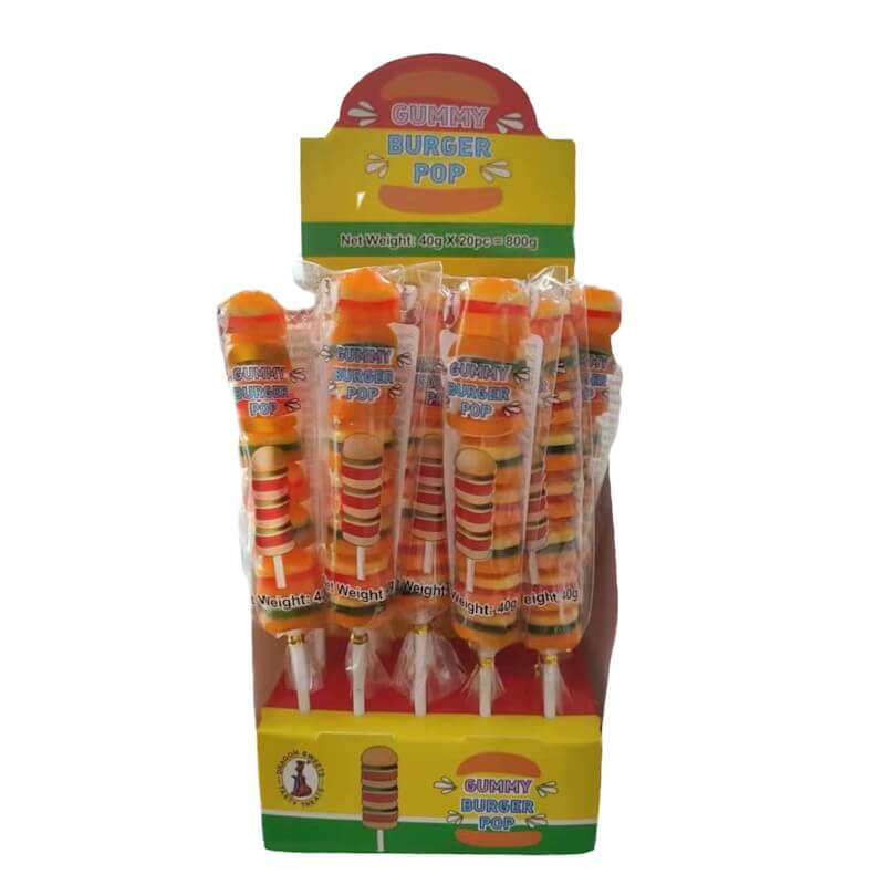 Gummy Burger Pops in a stand
