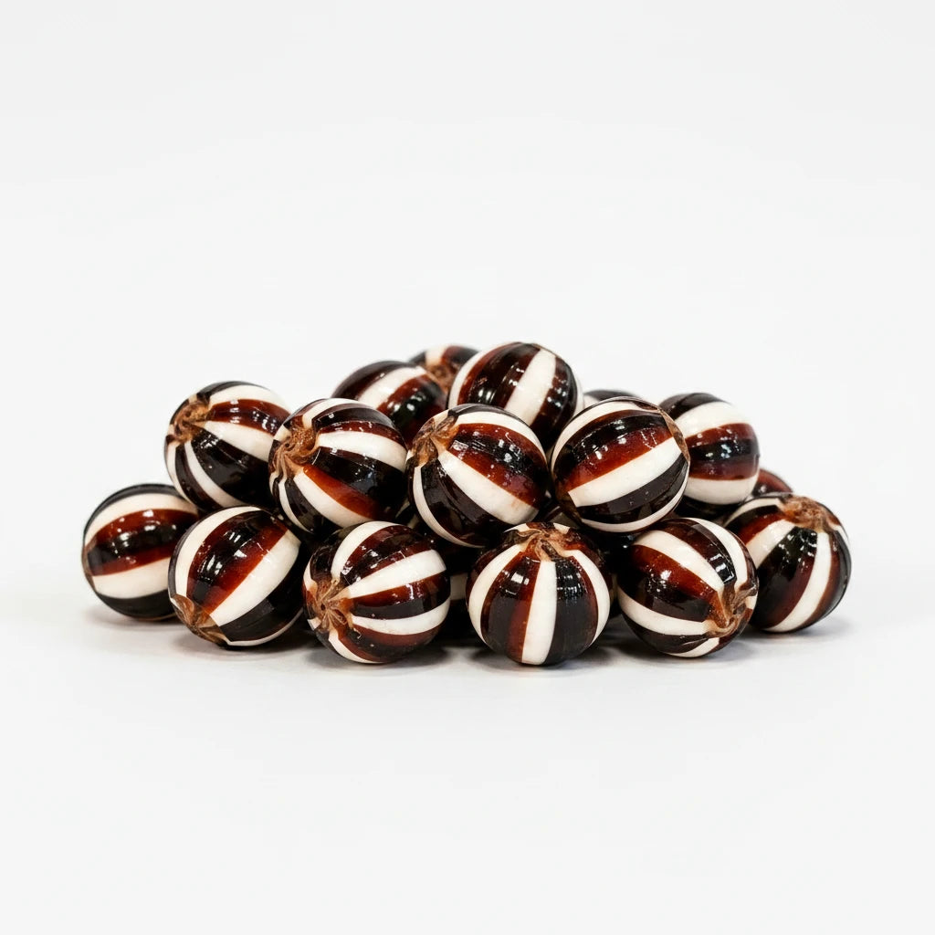 Crazy Candies - Discover More. Spend Less Brandy Balls, traditional hard-boiled sweets with brown and white stripes.
