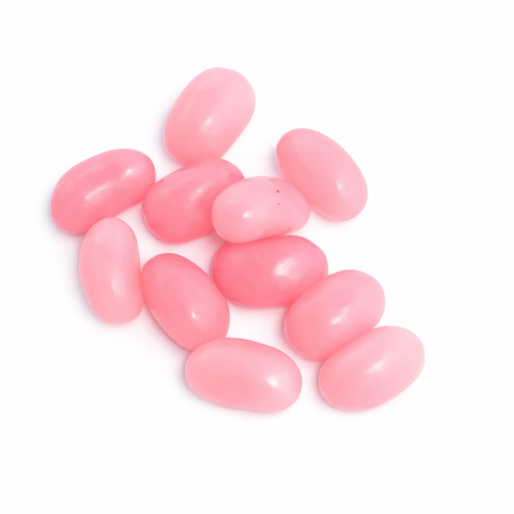 Baby pink jelly beans on a white background