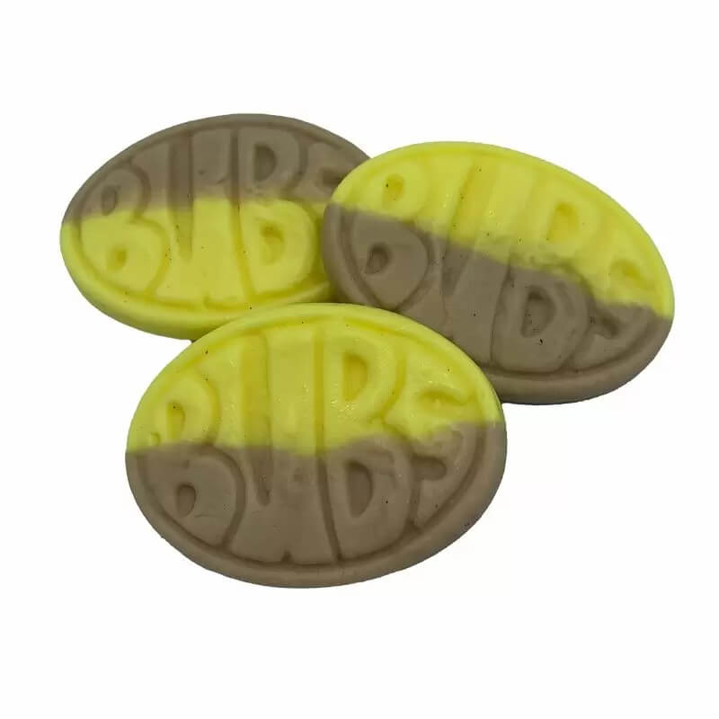 Banana and Caramel Flavoured Bubs Foam Sweets on a white background
